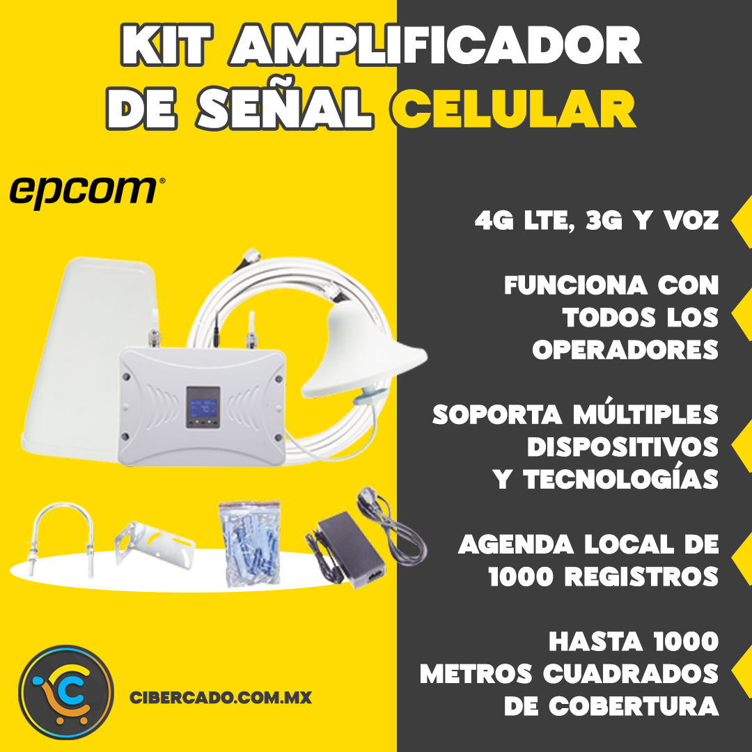 Kit Amplificador de Señal Celular 4G LTE, 3G y Voz. Funciona con Todos los Operadores. Soporta Múltiples Dispositivos y Tecnologías. Hasta 1000 metros cuadrados de Cobertura